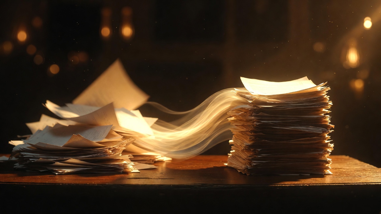 Before and after of a calm, automated business workflow on a warm dark desk