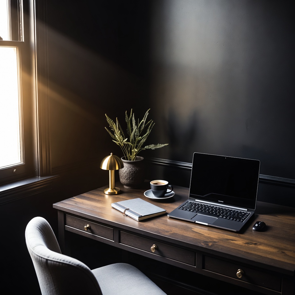 Serene and organized workspace with warm lighting